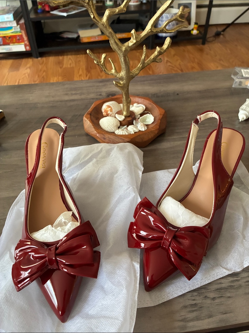 Patent Red Bow Pointed-Toe Slingback Pumps